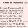Protección Civil envía un mensaje a los móviles alertando del riesgo de inundación en el litoral sur de Alicante